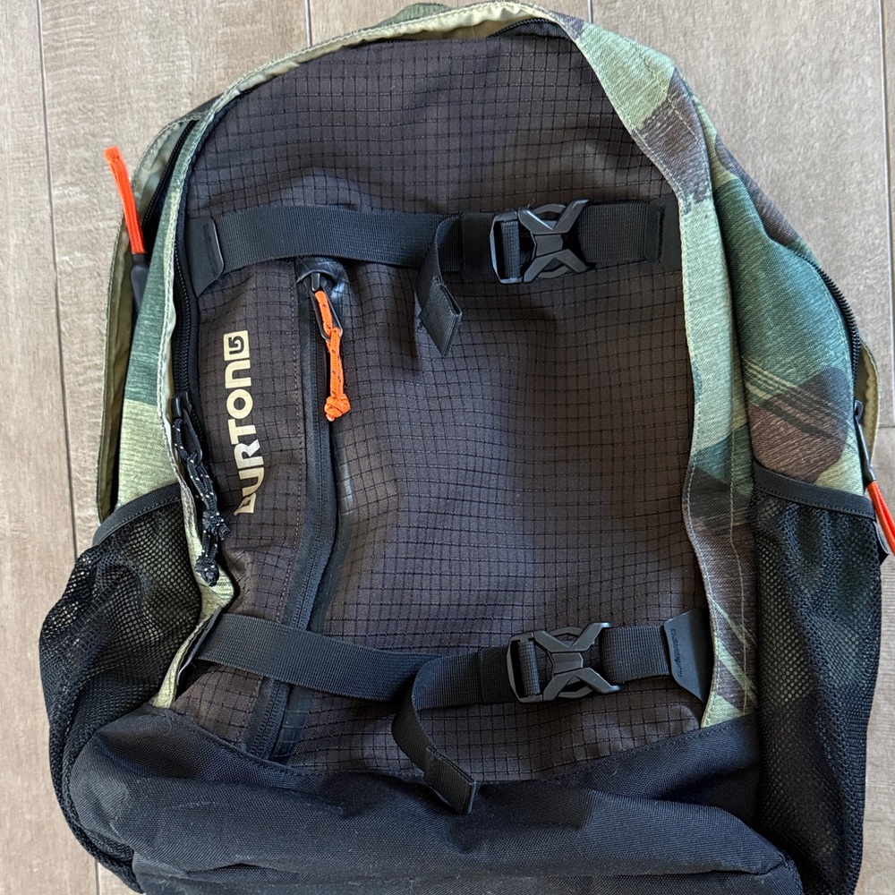Burton Black and Green Camo Backpack with Orange Zipper Pulls